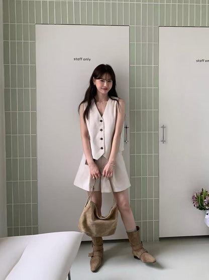V-neck single-breasted vest + high-waisted shorts set