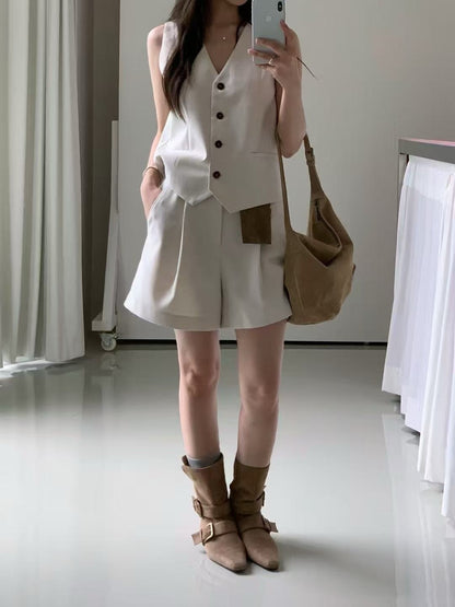 V-neck single-breasted vest + high-waisted shorts set