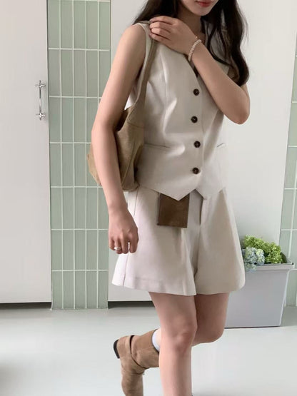 V-neck single-breasted vest + high-waisted shorts set