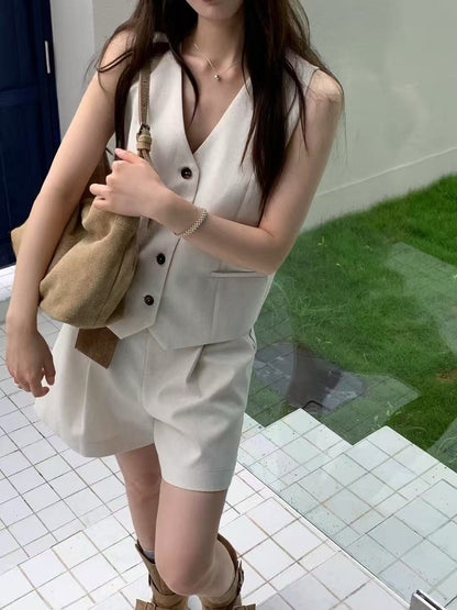 V-neck single-breasted vest + high-waisted shorts set