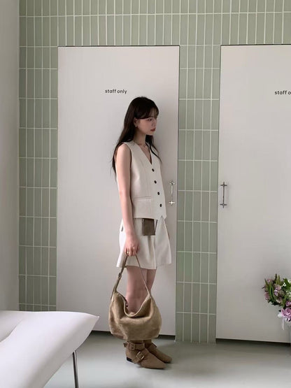 V-neck single-breasted vest + high-waisted shorts set