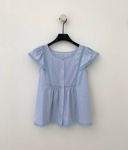 蕾絲拼接飛飛袖壓褶恤衫