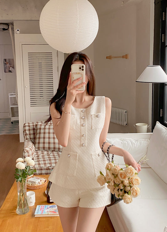 Chanel-inspired Waist-cinching Slim-fit Top + Versatile Shorts Set