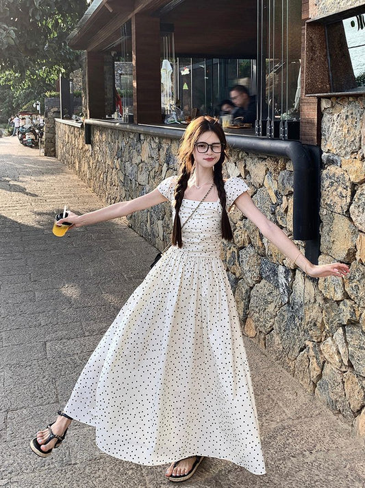 French-style Cap Sleeve Polka Dot Dress