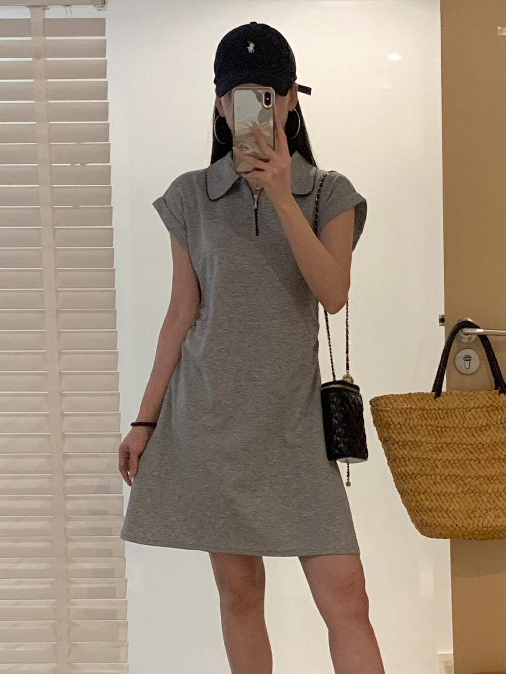 Polo領刺繡收腰連身裙