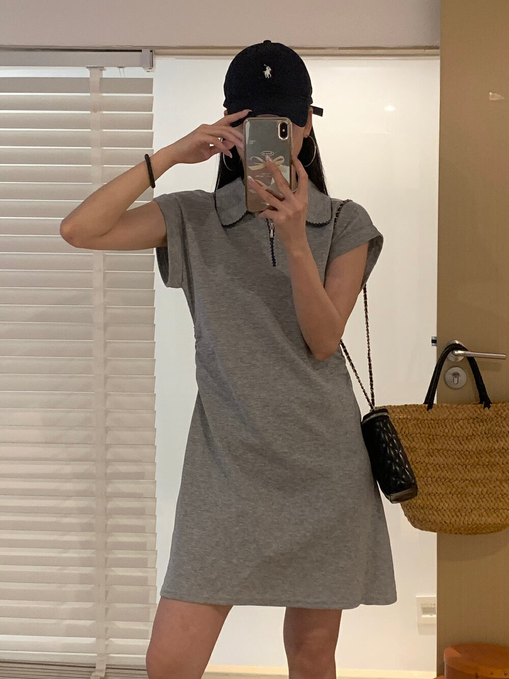 Polo領刺繡收腰連身裙