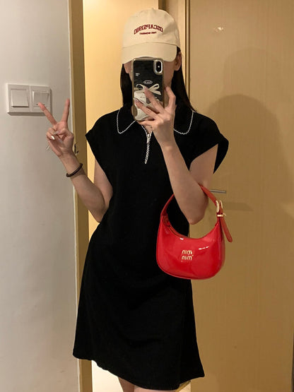 Polo領刺繡收腰連身裙