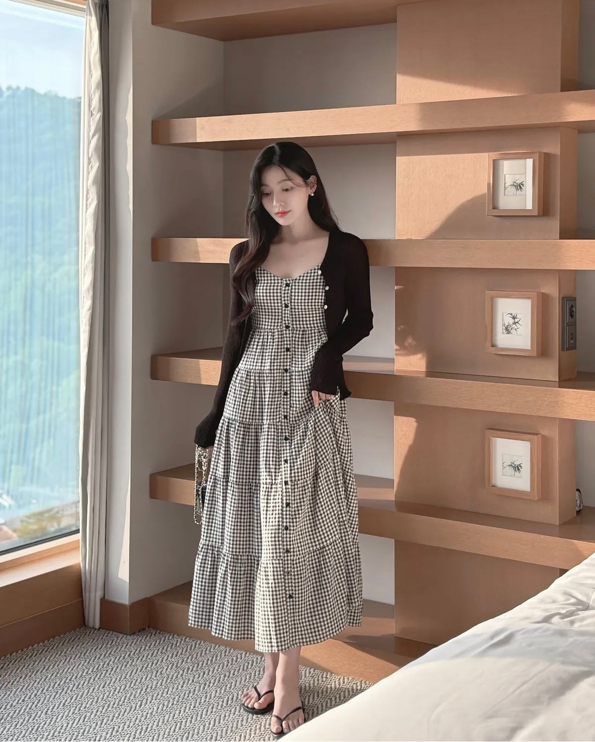 黑白方格抹胸吊帶蛋糕裙