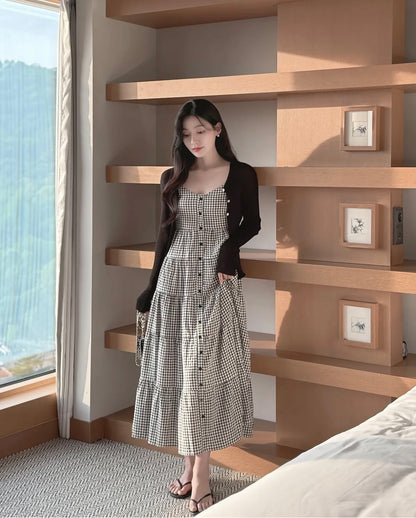 黑白方格抹胸吊帶蛋糕裙