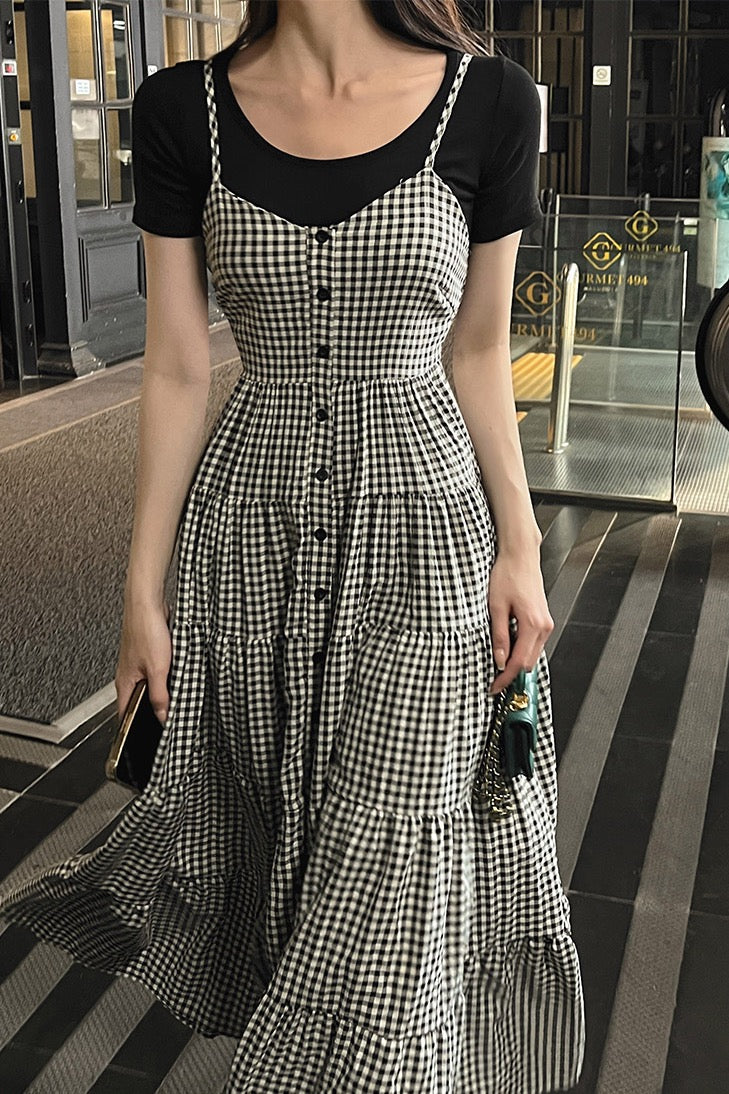 黑白方格抹胸吊帶蛋糕裙