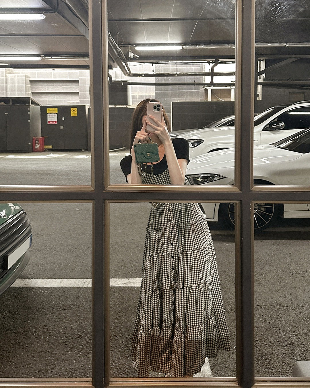 黑白方格抹胸吊帶蛋糕裙