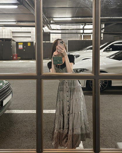 黑白方格抹胸吊帶蛋糕裙