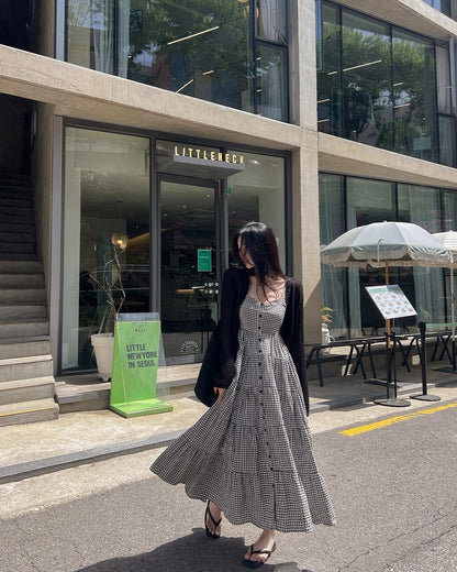 黑白方格抹胸吊帶蛋糕裙