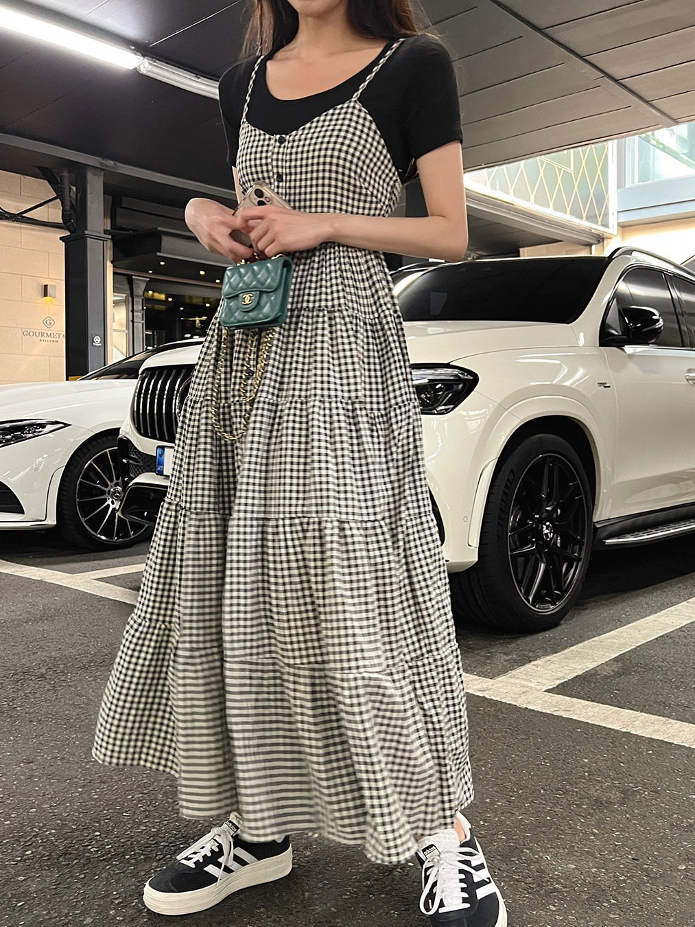 黑白方格抹胸吊帶蛋糕裙