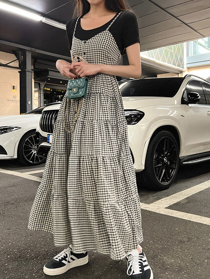 黑白方格抹胸吊帶蛋糕裙