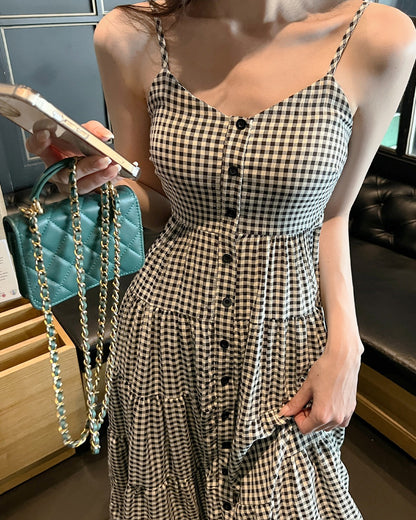 黑白方格抹胸吊帶蛋糕裙