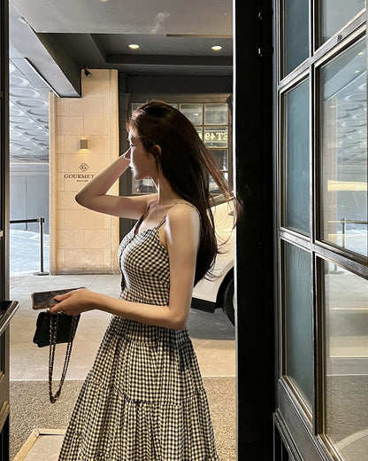 黑白方格抹胸吊帶蛋糕裙