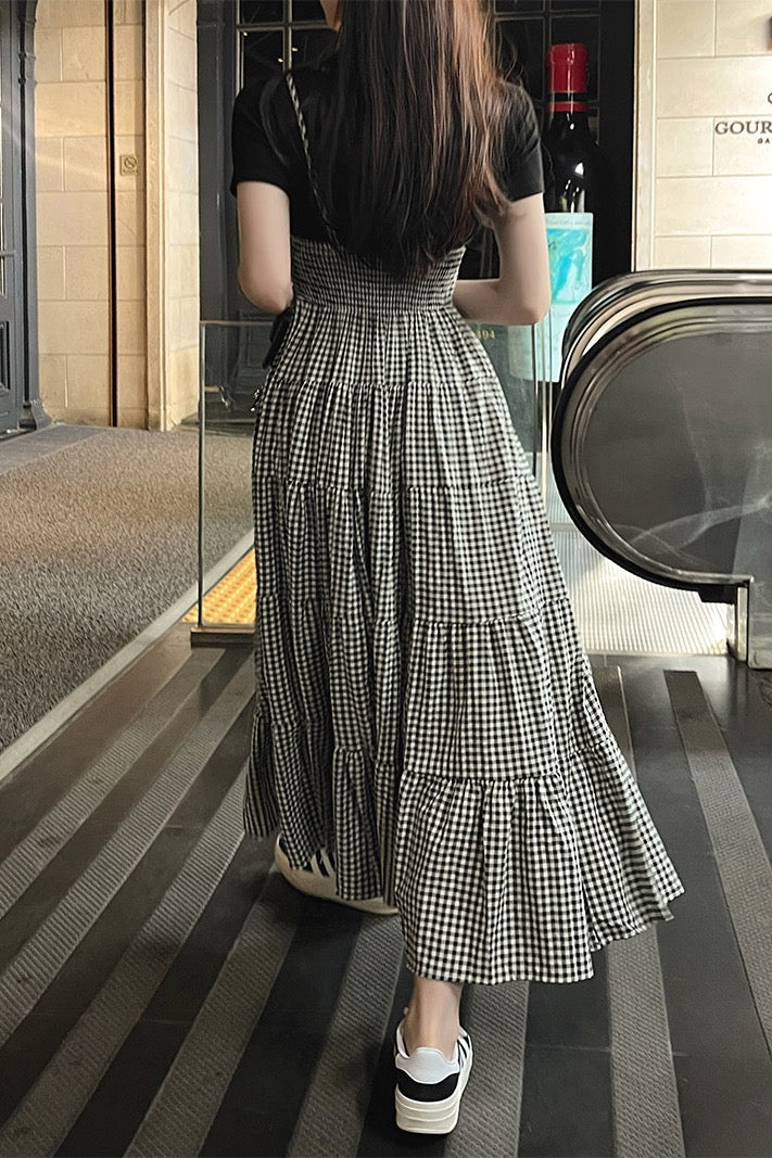 黑白方格抹胸吊帶蛋糕裙