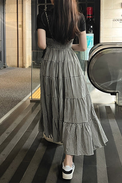 黑白方格抹胸吊帶蛋糕裙