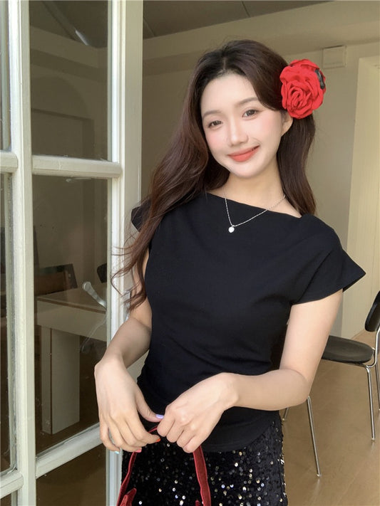 一字領修身短袖