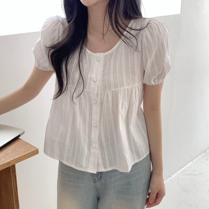 泡泡袖包扣恤衫