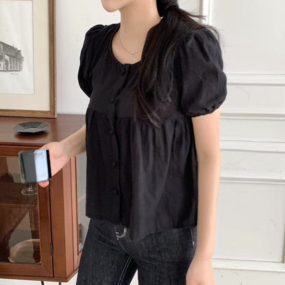 泡泡袖包扣恤衫