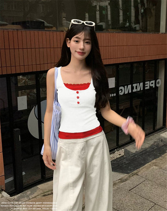 蕾絲假兩件連pad背心