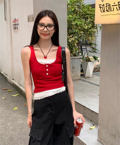 蕾絲假兩件連pad背心