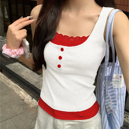 蕾絲假兩件連pad背心