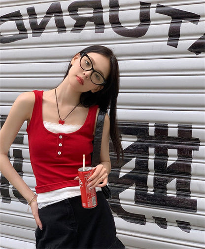 蕾絲假兩件連pad背心