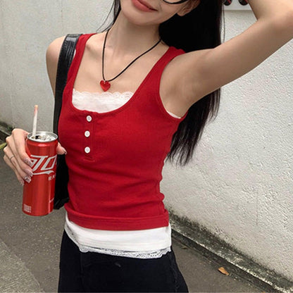 蕾絲假兩件連pad背心