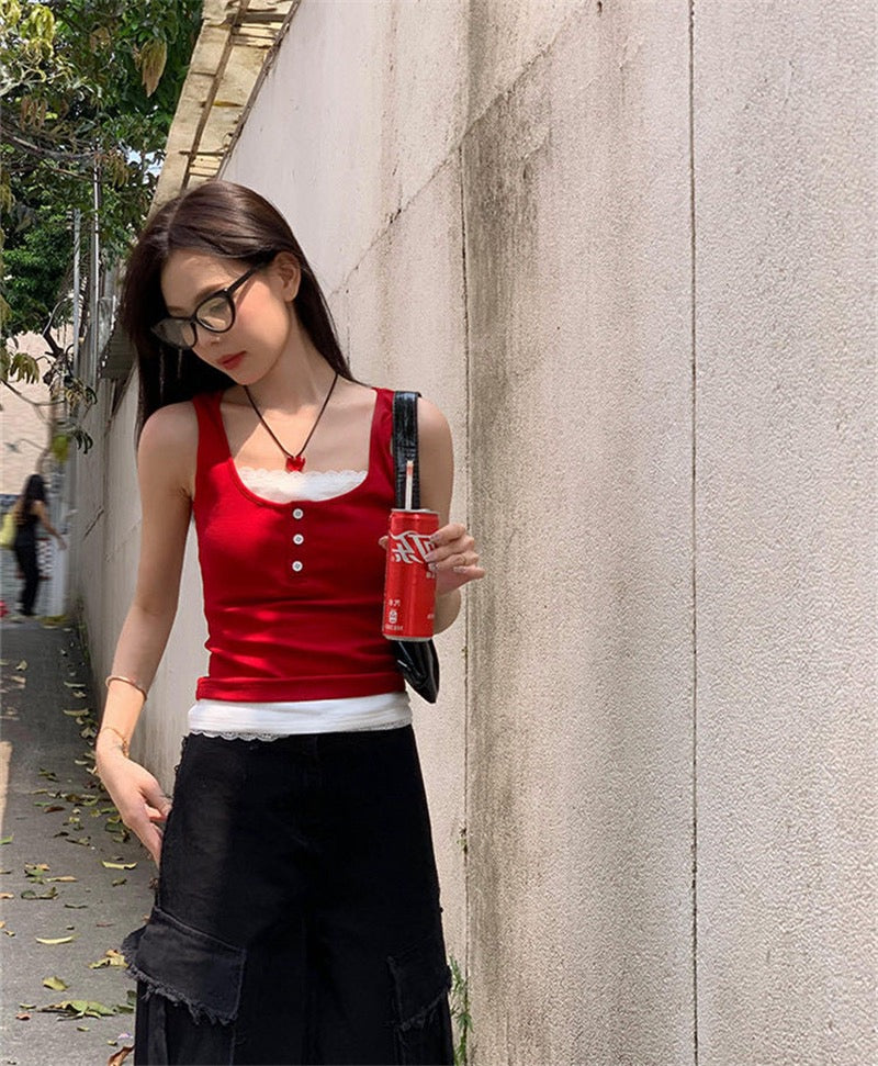 蕾絲假兩件連pad背心