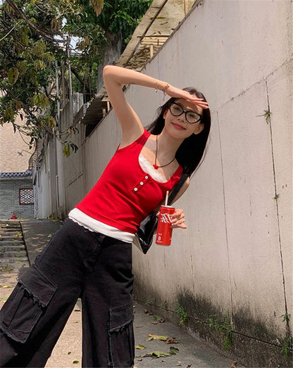 蕾絲假兩件連pad背心