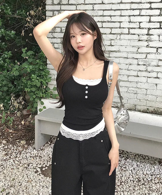 蕾絲假兩件連pad背心