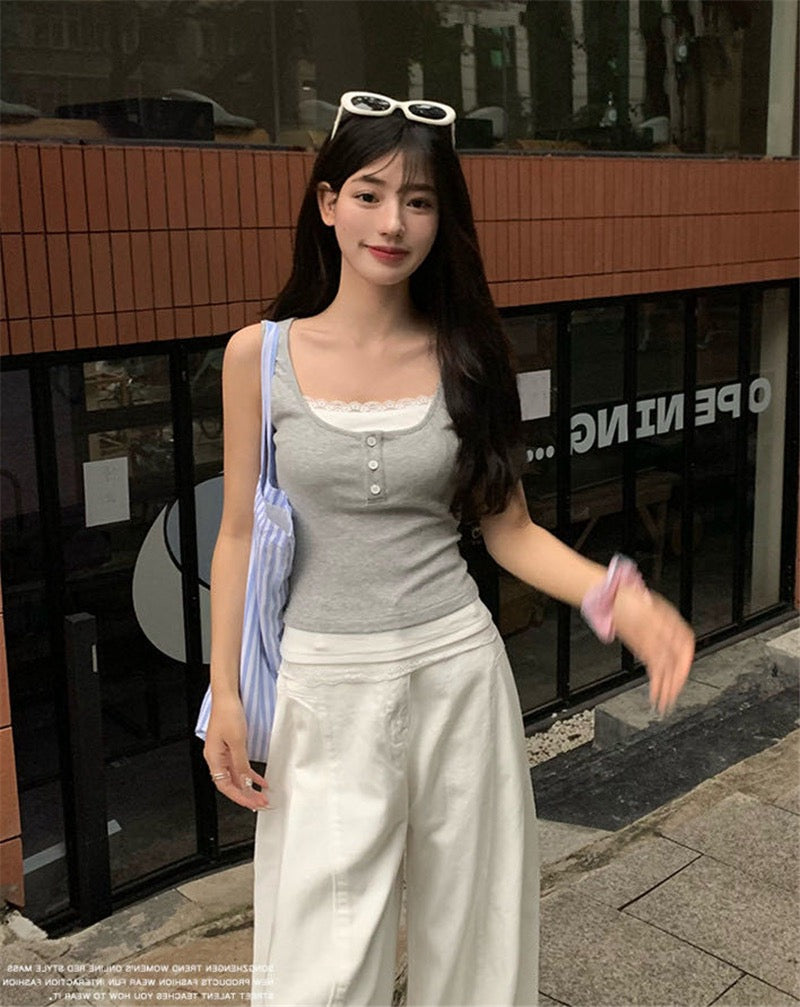 蕾絲假兩件連pad背心