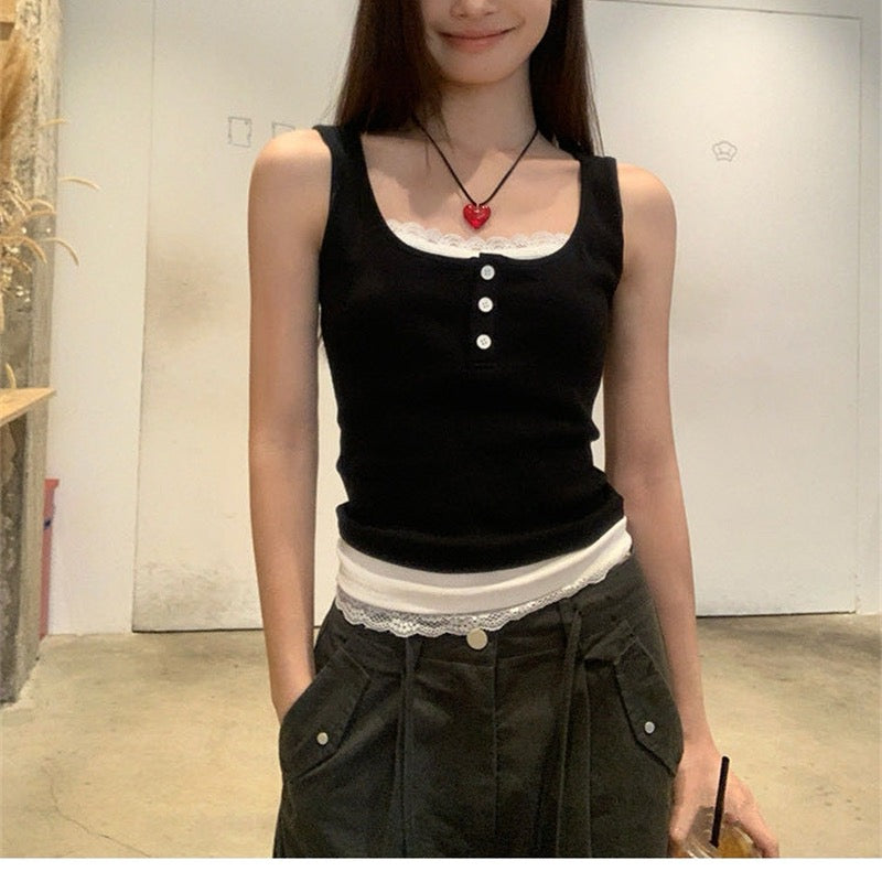 蕾絲假兩件連pad背心