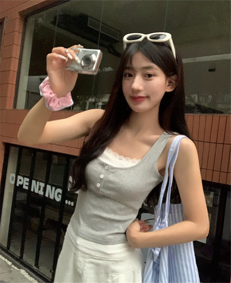 蕾絲假兩件連pad背心