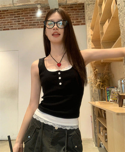 蕾絲假兩件連pad背心