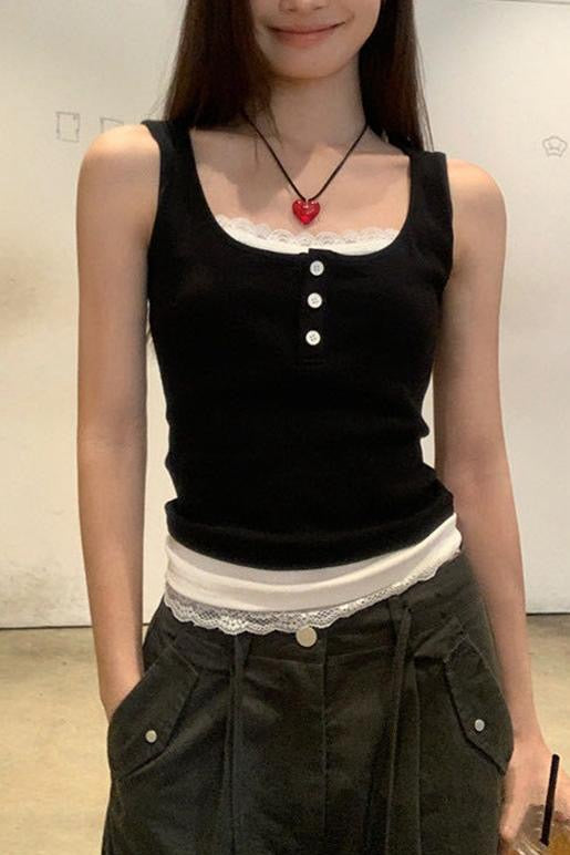 蕾絲假兩件連pad背心