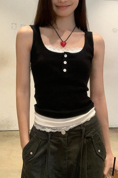 蕾絲假兩件連pad背心