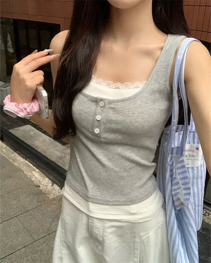 蕾絲假兩件連pad背心