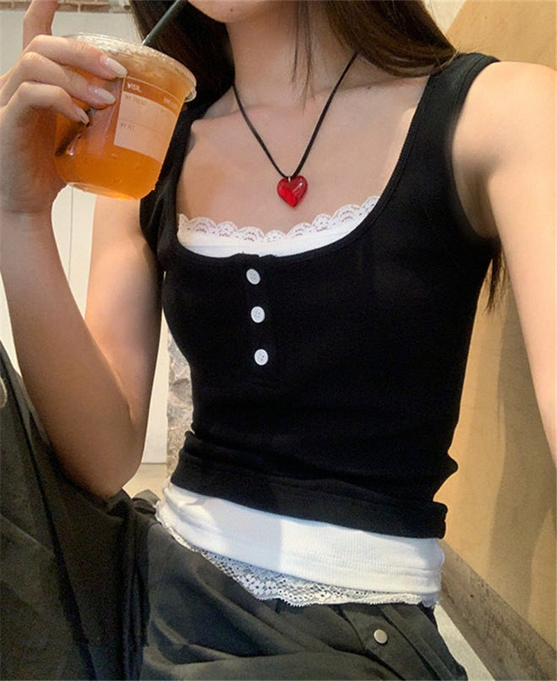 蕾絲假兩件連pad背心