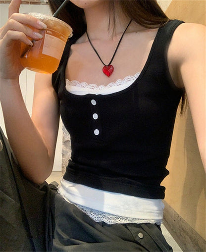 蕾絲假兩件連pad背心