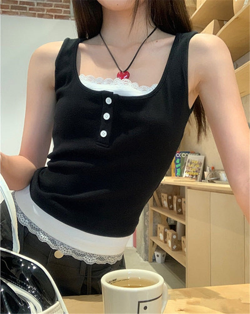 蕾絲假兩件連pad背心