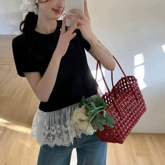 芭蕾風蕾絲拼接短袖