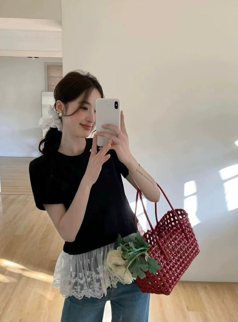 バレエ風レース切り替え半袖