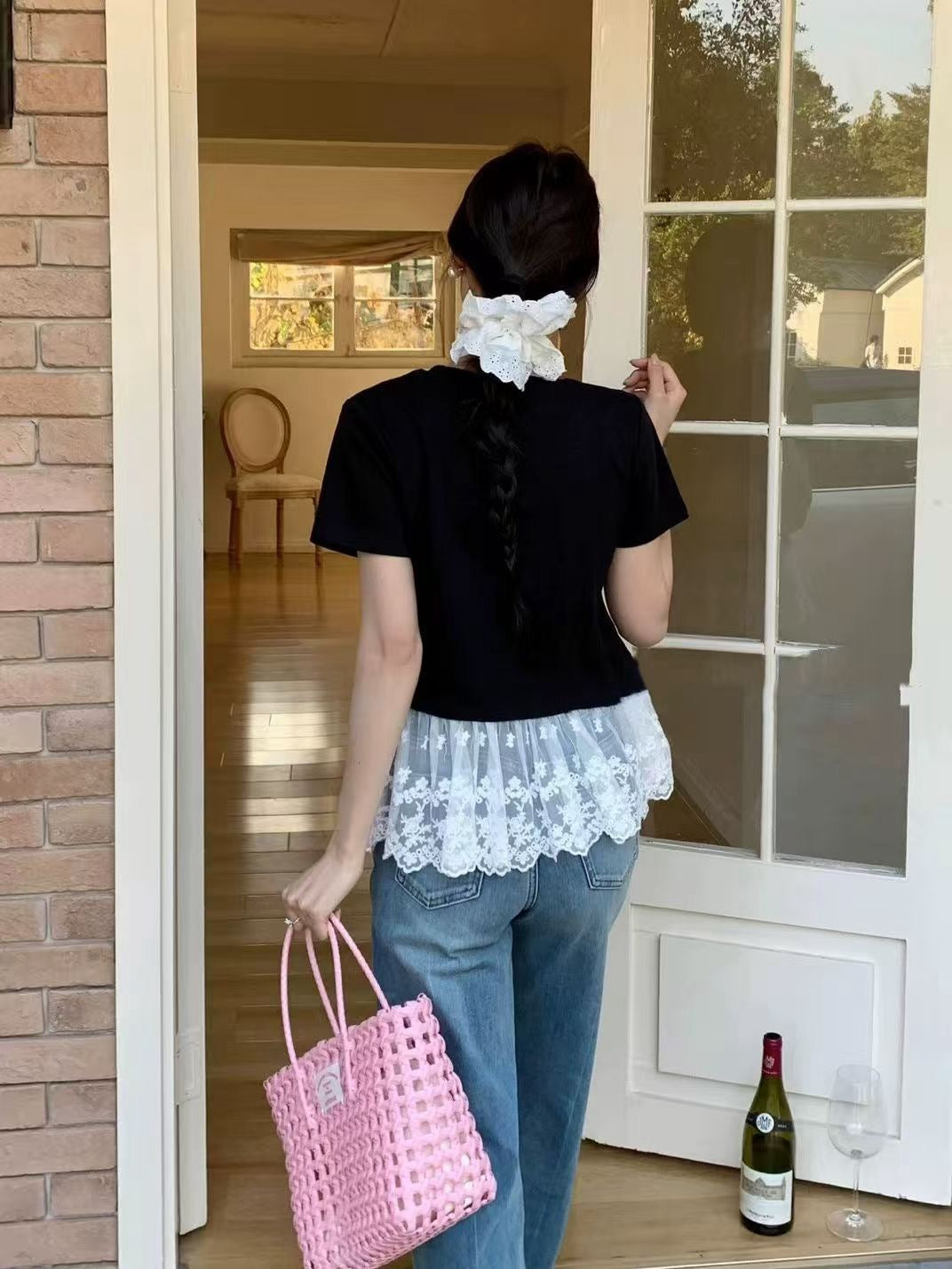 バレエ風レース切り替え半袖