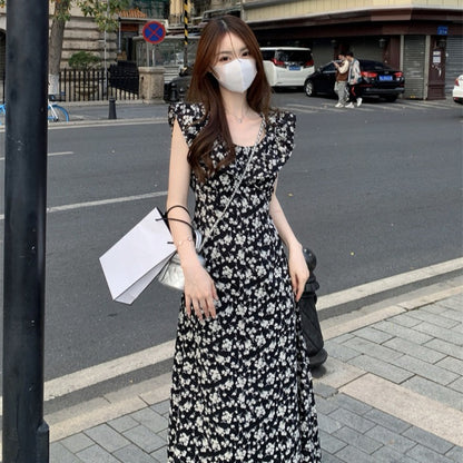 復古碎花荷葉邊連身裙