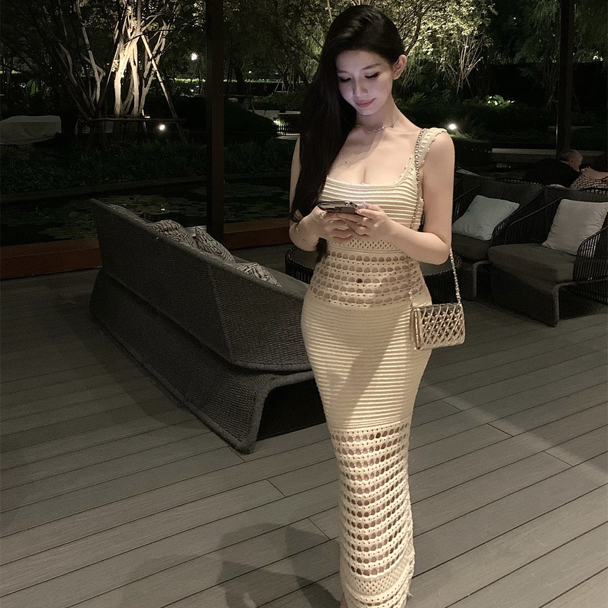 Knitted Sexy Cut-Out Spaghetti Strap Maxi Dress