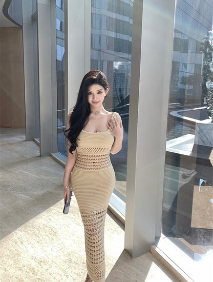 Knitted Sexy Cut-Out Spaghetti Strap Maxi Dress